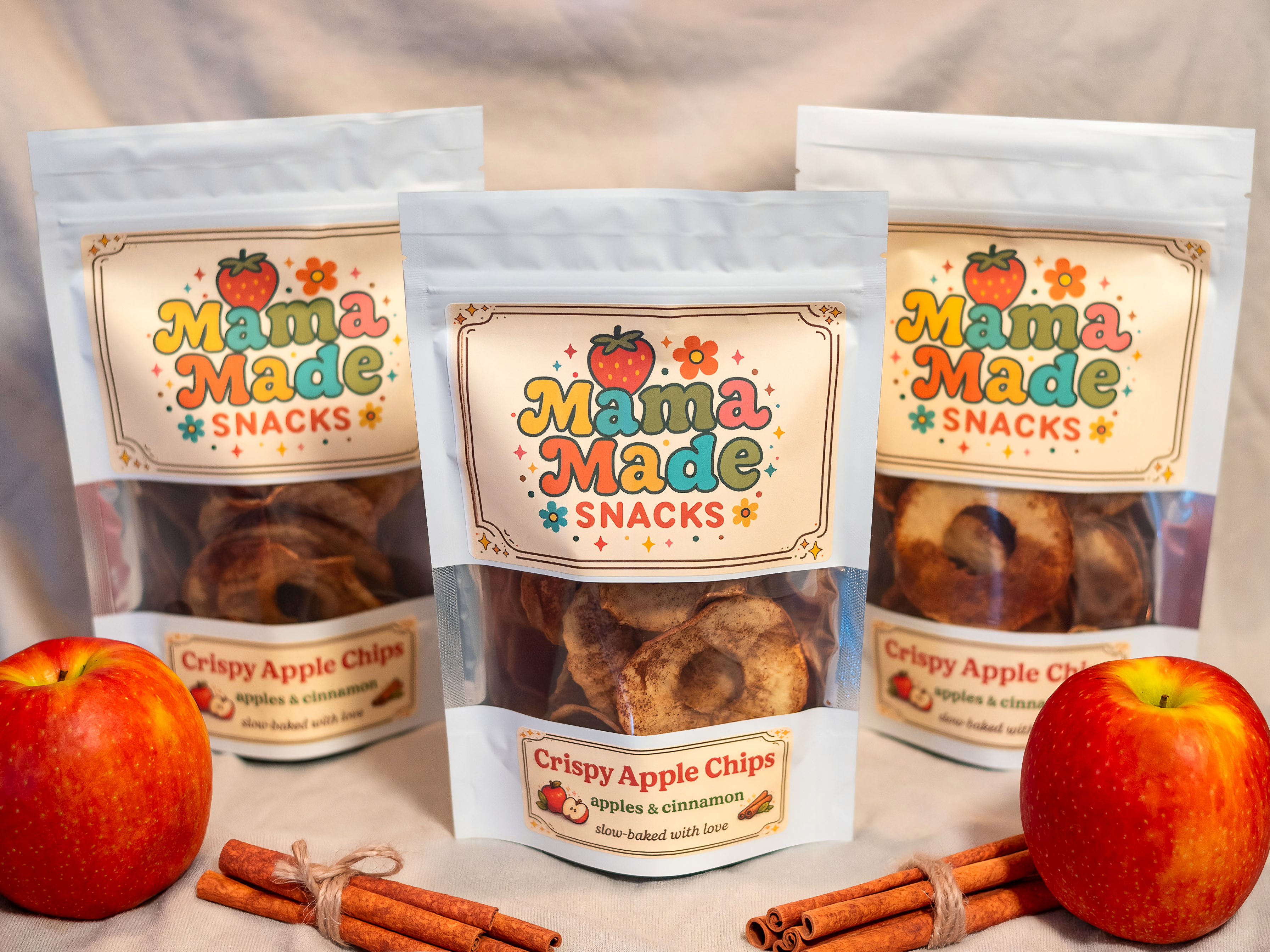 Packaged crispy apple chips with apples and cinnamon sticks